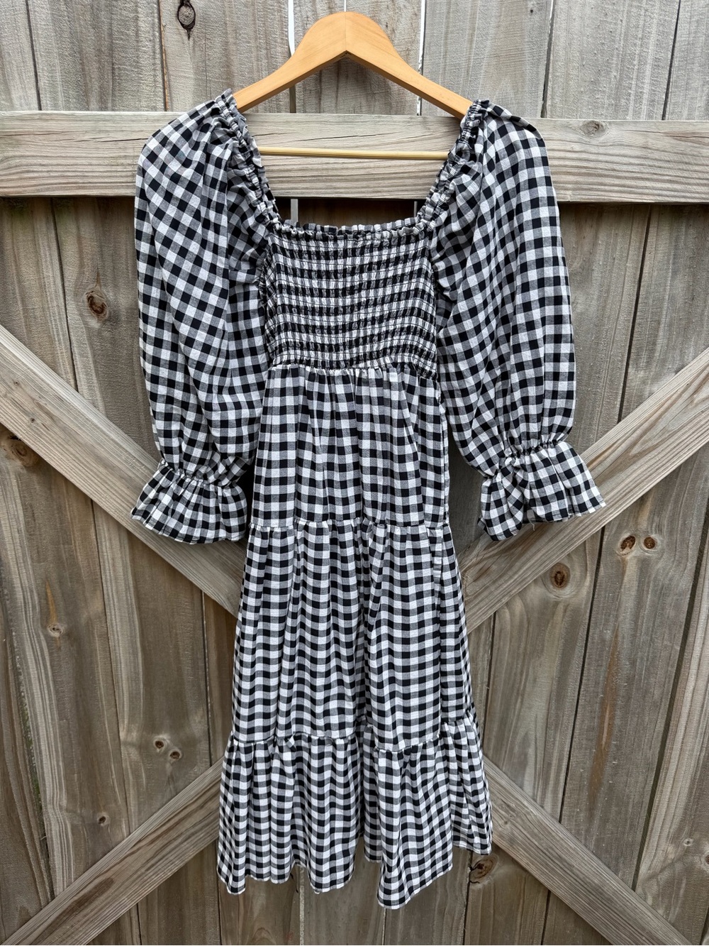 Gingham Smocked Puff Sleeve Midi Dress - Black & White